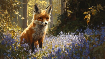 Obraz premium Curious Red Fox Peeking Through Bluebells in a Sunlit Forest Scene with Gentle Lighting and Vibrant Colors