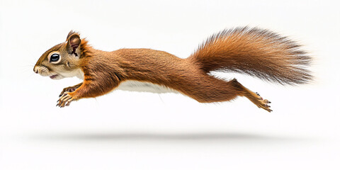A vibrant red squirrel mid-leap against a clean white backdrop.