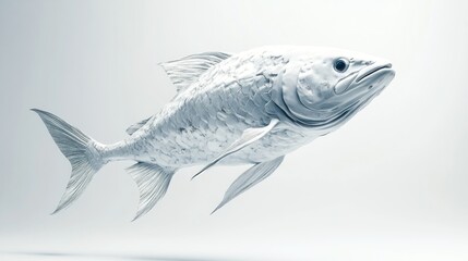 A sculpted, light gray fish in mid-flight, showcasing detailed scales and form