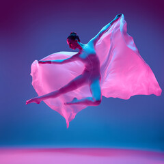 Photo in motion of female dancer gracefully leap in motion wrapped in sheer cloth, flowing as wings against vibrant blue-pink background. Concept of fusion of dance and freedom, music.