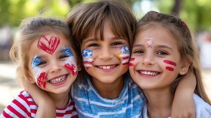 Patriotic celebration moments Three joyful children with creative face paint celebrate together, showing unity and happiness in a vibrant outdoor setting.
