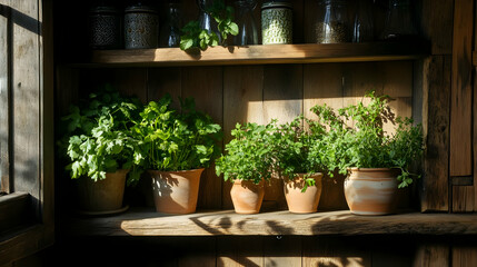 Sunlit Herb Garden on Rustic Wooden Shelf: A Collection of Fresh Herbs in Clay Pots