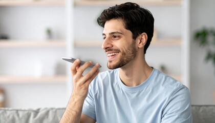 Young man recording voice message via smartphone at home 