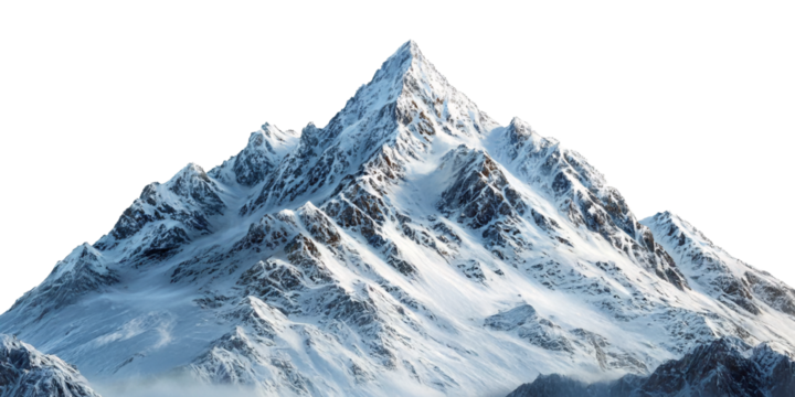 A breathtaking image of a snow-covered mountain peak, isolated against a white background.