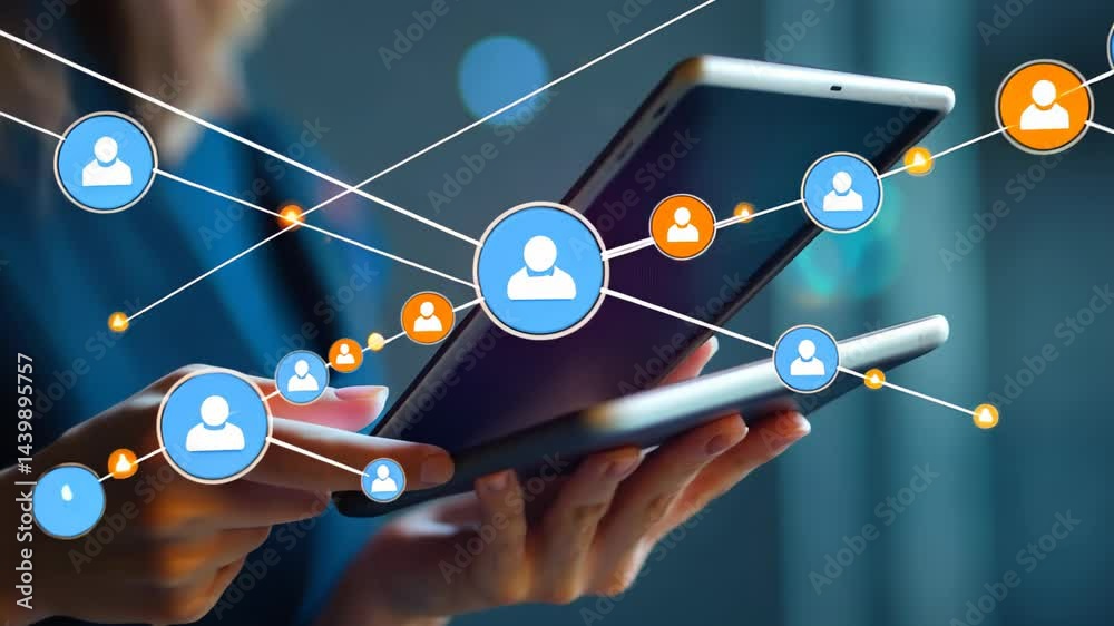 Poster exploring digital connections and interactions through technology in a modern workspace environment 