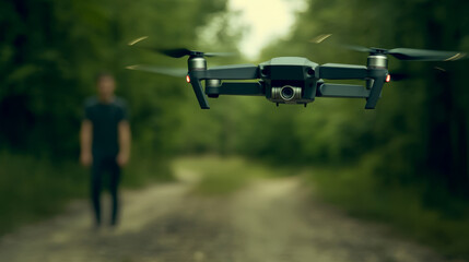 Drone in flight over a dirt path with a person standing nearby in a lush green forest setting during daylight