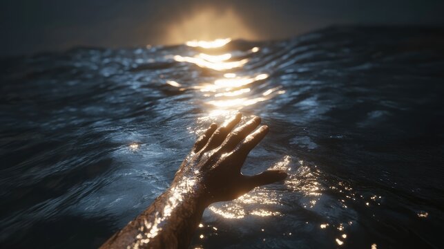 A hand emerges from the dark ocean, lifting another person's arm, illuminated by light, symbolizing hope.