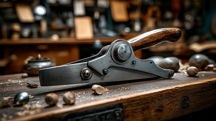 Planer tool resting on a wooden workbench