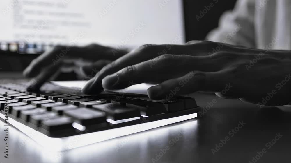 Poster Close up montage showcases programmer's hands rapidly typing code on an illuminated keyboard, highlighting the dynamic and fast paced nature of software development