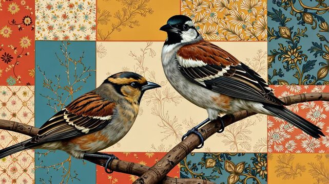 Two sparrows perched on a branch against a colorful quilt background  