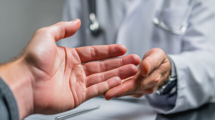 Fototapeta premium Doctor examining a patient hand in medical consultation - Traumatology and health care concept - Models by AI generative