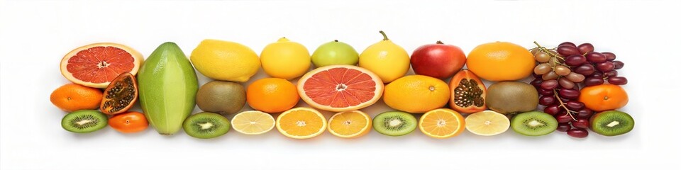 Colorful Fresh Fruits Display Featuring Citrus Kiwi Pineapple and Grapes