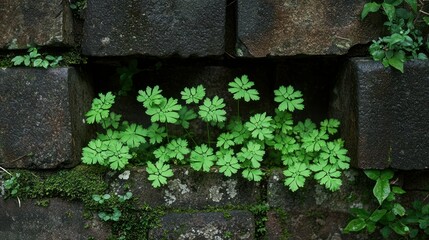 Plants in stone wall niche, nature thriving in aged structures