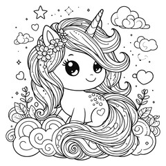 Cute Unicorn on Clouds Coloring Page Illustration for Kids
