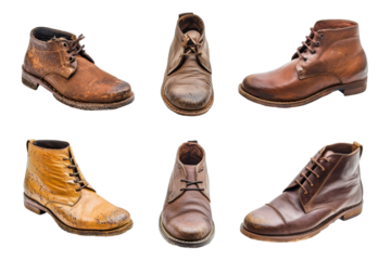Multiple old leather shoes with different designs and age variations isolated on clean white background