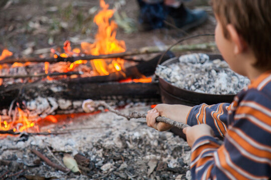 Young boy toasting a marshmallow on a campfire