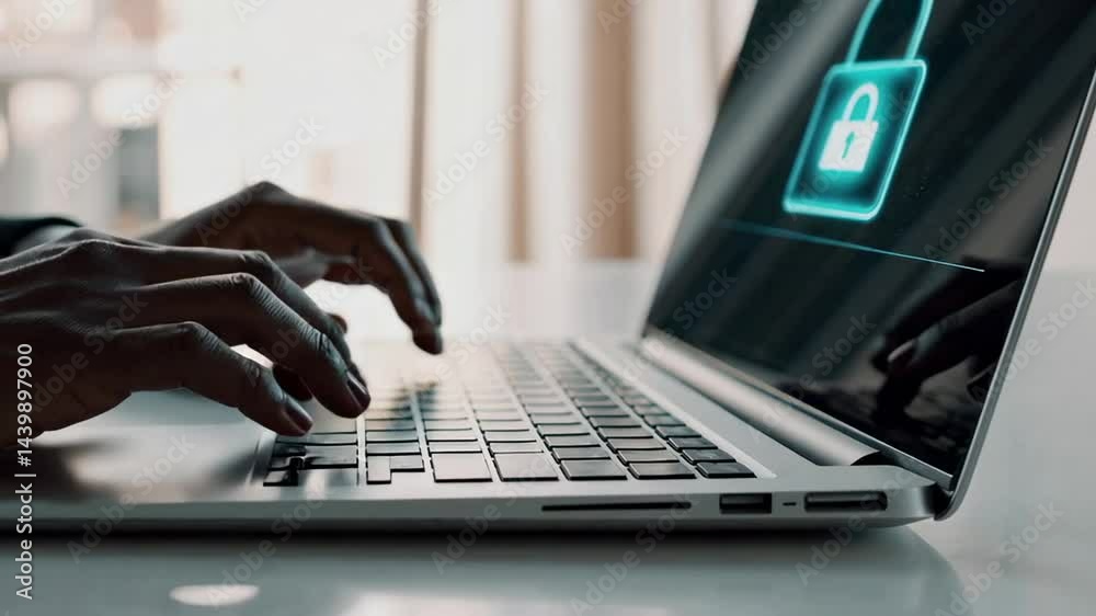 Aufkleber Programmer is typing code on a laptop keyboard, with a glowing lock icon displayed on the screen, symbolizing secure login and digital security measures