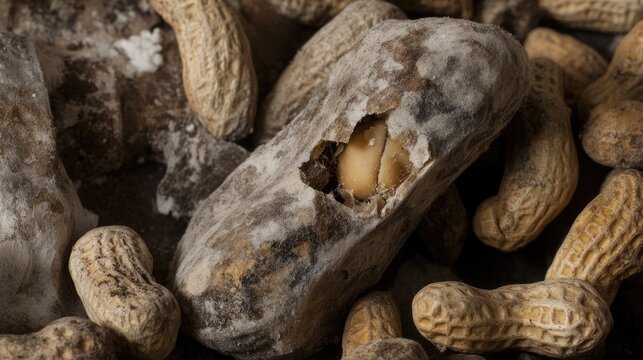 Macro photo of moldy peanut shell emphasizing aflatoxin contamination