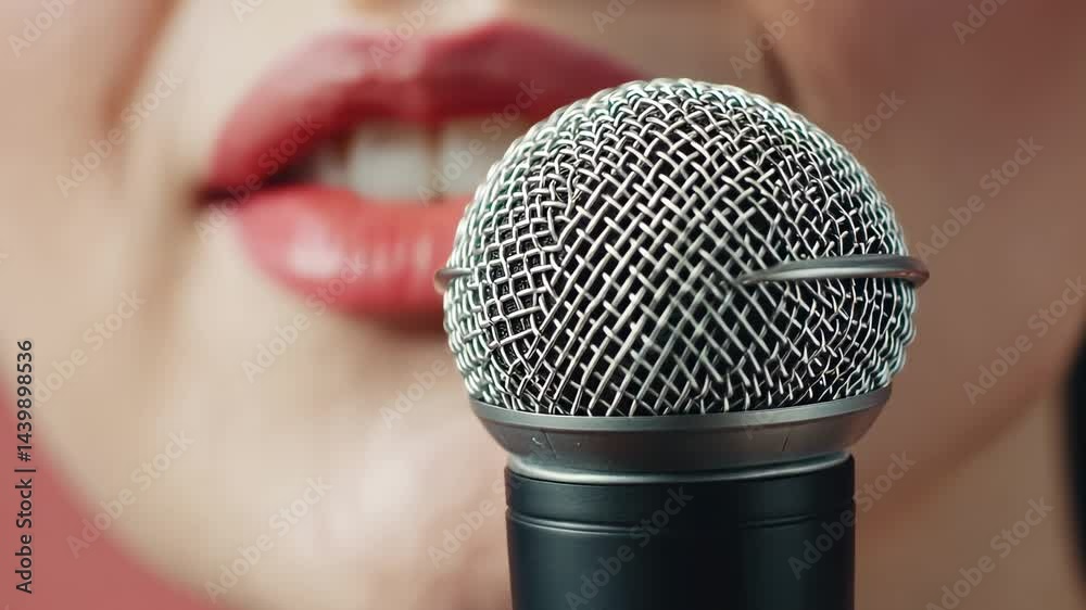 Poster Professional singer delivering passionate vocal performance. Capturing intense emotional expression while singing into microphone during live music event with close focus on mouth and vocal dynamics
