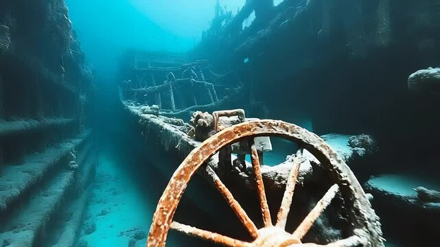 Sunken shipwreck resting on ocean floor with decayed structure and rusted wheel surrounded by deep blue underwater world

