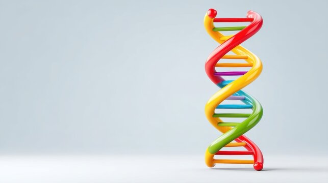 Colorful dna model with helix surrounding microscope on gray background representing genetics and molecular biology concepts