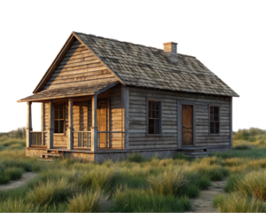 Old wooden house in a field of tall grass.