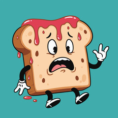 A cartoon toast character with jam dripping down its face and a worried expression on a blue background