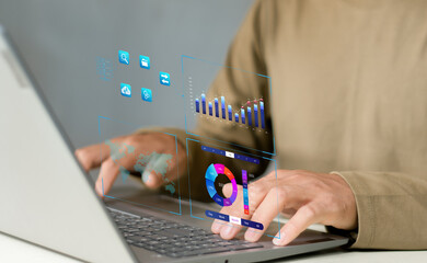 Businessman showing progress, data, business plan, software, work chart, smart technology office Technology developer time report Leading the way in designing intelligent, critical computing leaders.