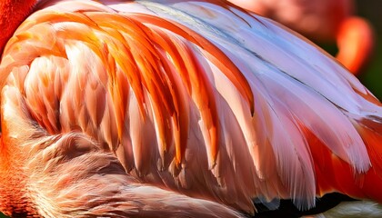 Close-up of vibrant flamingo feathers showcasing orange, pink, and white hues in natural sunlight.