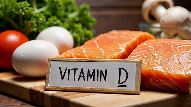 Fresh Salmon and Eggs Highlighting Vitamin D on Wooden Cutting Board  