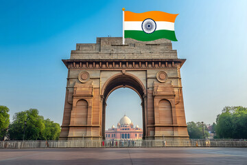 Fototapeta premium India Gate monument with Indian flag flying high under clear blue sky