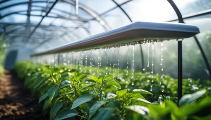 Side view of greenhouse with passive dew collectors dripping moisture onto pepper beds, naturally increasing early-morning humidity to promote healthy growth and moisture retention