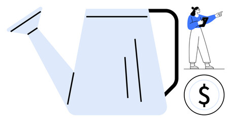 Watering can symbolizing growth, person planning with tablet, and currency icon emphasizing investment. Ideal for finance, strategy, business growth, planning, wealth, innovation simple landing page