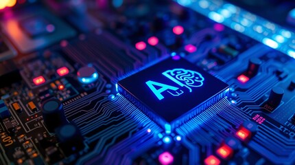 Obraz premium Futuristic AI Microchip Glowing on Circuit Board with Digital Brain Design 