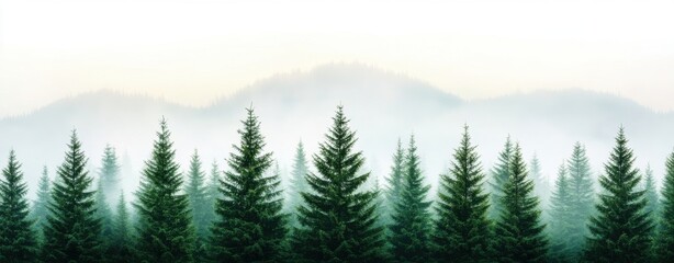Fototapeta premium Serene misty mountain landscape featu a majestic silhouette of evergreen trees in a lush forest creating a tranquil and peaceful scene perfect for nature-themed designs.
