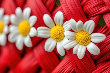 Fototapeta premium Close-up view of decorative daisies on a red woven surface.