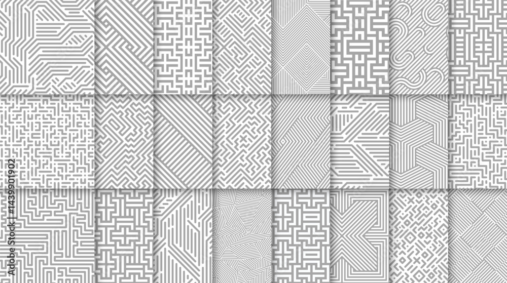 Fototapete Collection of vector seamless geometric patterns. Striped grey abstract ornament backgrounds. Monochrome endless unusual prints with symmetric lines