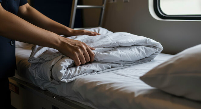 Person arranging bedding on a train sleeper car with attention to detail
