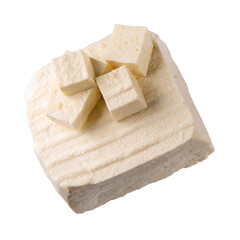 Brynza cheese, soft sheep's cheese bryndza isolated on white background. Top view.