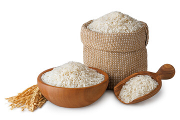 long rice in burlap sack, bowl and scoop with ears isolated on white background