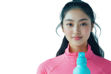 Asian American woman in athletic gear drinking water from a bottle isolated on a white background