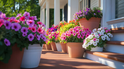 Fototapeta premium Vibrant Petunias in Terracotta Pots on a Sunny Porch