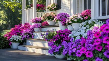 Fototapeta premium Stunning Pink and Purple Petunias on a White Porch