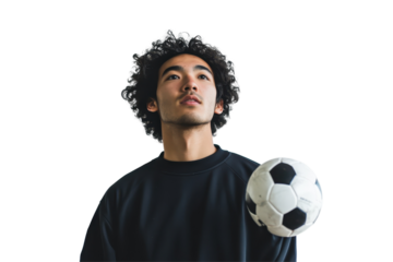 Passionate Asian man playing soccer with full focus on the ball isolated on a white background