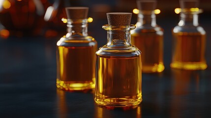 Aromatic oils in glass bottles, blurred light background.