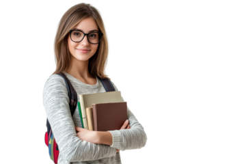 Attractive school teacher smiling warmly while engaging with students in a classroom setting isolated on white background