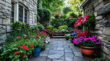 Vibrant Stone Pathway Garden with Blooming Flowers
