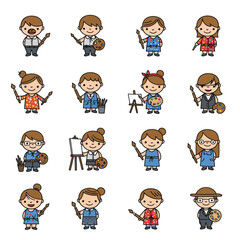 Pixel Art Illustration of Diverse Young Artists Painting