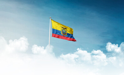 Ecuador national flag with mast waving in beautiful sky. Ecuador national flag for Republic Day and Independence Day.