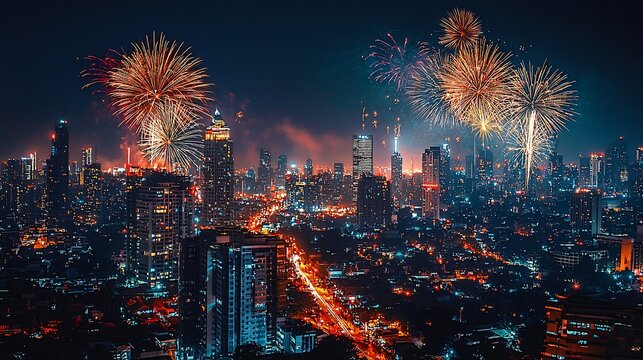 Lively city at night with bright lights and fireworks creating an electrifying atmosphere of joy